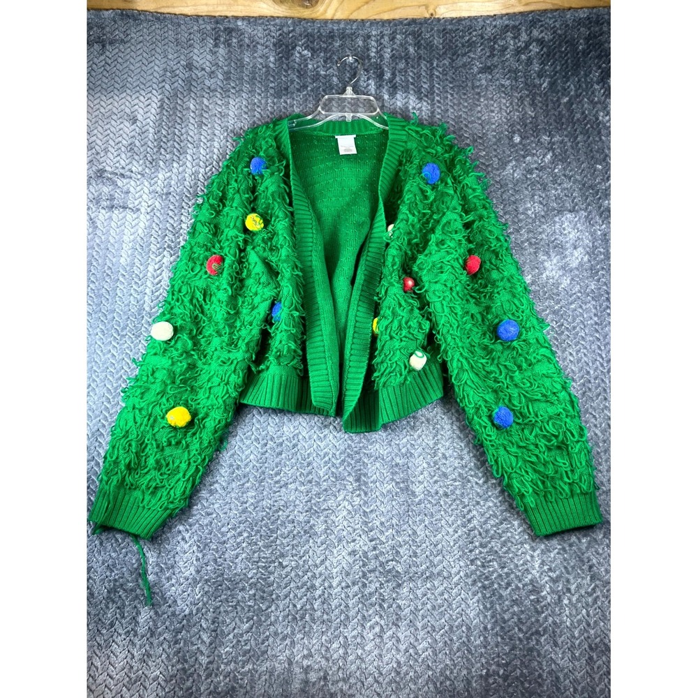 Mighty Fine Christmas Cardigan Sweater Women 2XL Green Pom Pom Lights Open Front